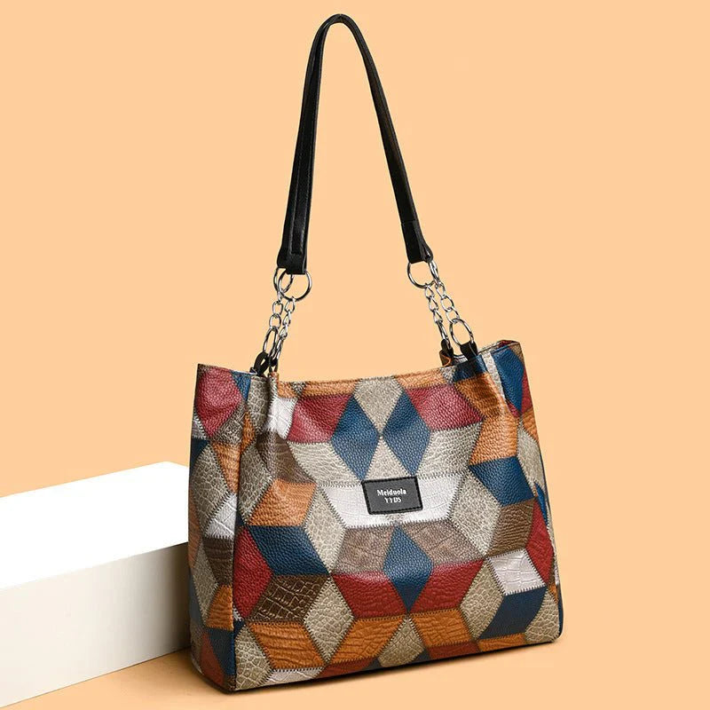 Retro Geometric Pattern Color-matching Shoulder Bag Fashion Large Capacity Stitching Handحقيبة كتف نسائية بتصميم هندسي رجعي مع ألوان متناسقة وسعة كبيرة وخياطة أنيقة (توت)bag For Women Totes