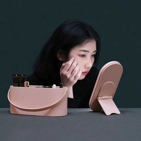 Portable LED Light Storage Box Beauty And Makeup Mirrorصندوق تخزين محمول بضوء LED ومرآة للجمال والمكياج