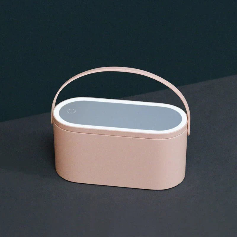 Portable LED Light Storage Box Beauty And Makeup Mirrorصندوق تخزين محمول بضوء LED ومرآة للجمال والمكياج