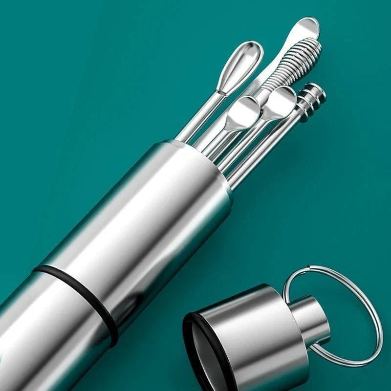 Stainless Steel Ear Pick Set with Keychain Caseمجموعة أدوات تنظيف الأذن من الفولاذ المقاوم للصدأ مع حقيبة سلسلة المفاتيح