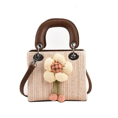 Women's Fashion Flower Weaving Straw Handbag  حقيبة يد نسائية من القش المزخرف بالزهور